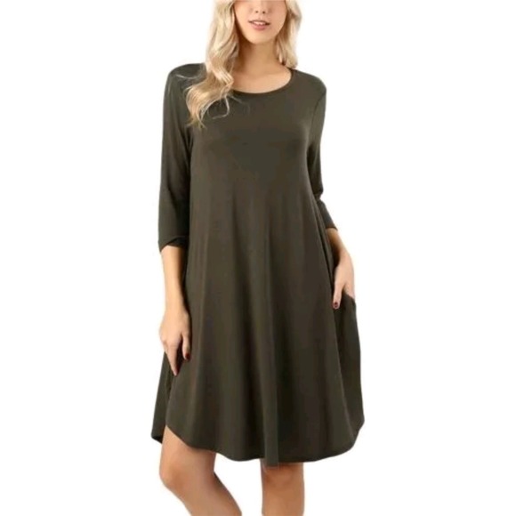 Zenana Outfitters 3X Olive Green T-Shirt Dress Plus Size‎ Swing Pockets NWOT - Picture 1 of 9